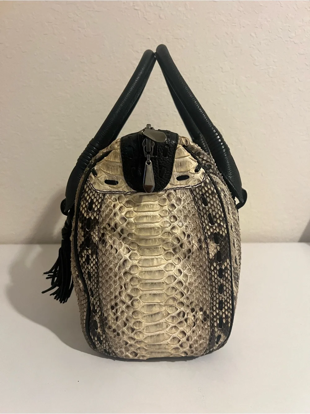 Neutral Snakeskin Satchel with Black Leather Handles